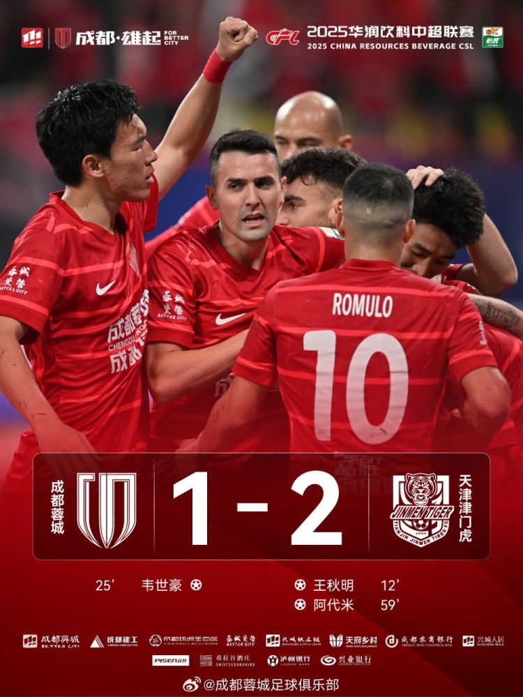 今晚成都蓉城主場對陣天津津門虎，最終1-2負(fù)于對手