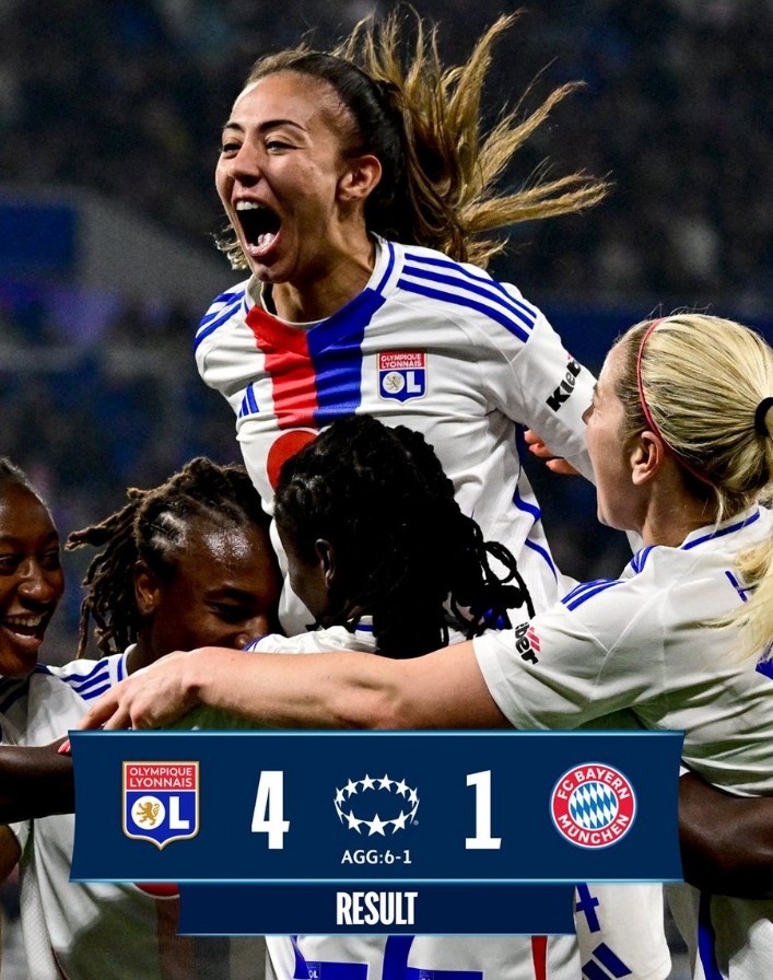 里昂女足4-1大勝拜仁女足，總比分6-1晉級女足歐冠半決賽